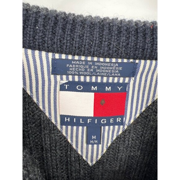 Vintage Tommy Hilfiger Mens 100% Wool Cable Knit Sweater Size Medium Grey - Picture 2 of 5